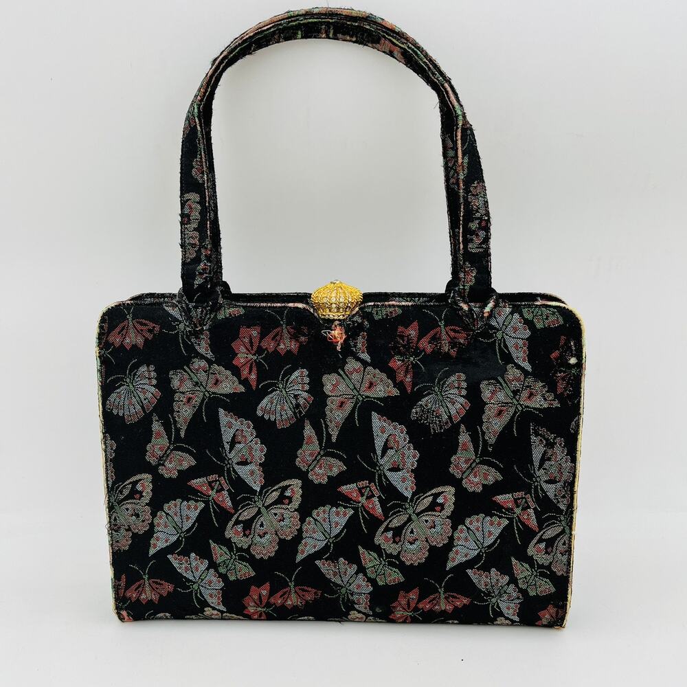 Martin Van Schaack Butterfly Tapestry Handbag Jeweled Crown Clasp Vintage